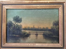 French School 19th Century Lakeside Landscape View Of A Sunset