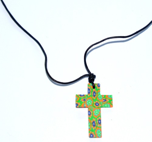 Rubber Cross Crucifix Pendant Floral Pattern Necklace On Adjustable Black Cord - Picture 2 of 8
