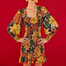 NWT FARM Rio Garden Flower Print Long Sleeve Smocked Mini Dress Multicolor Large