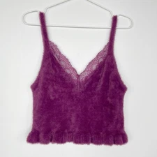 Urban Outfitters Fuzzy Cropped Cami Top Womens XL Purple Lace Trim Soft Girl Y2K