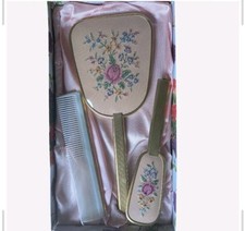 Vintage Vanity Set Hand Mirror Brush Comb Floral Embroidered Gold Tone