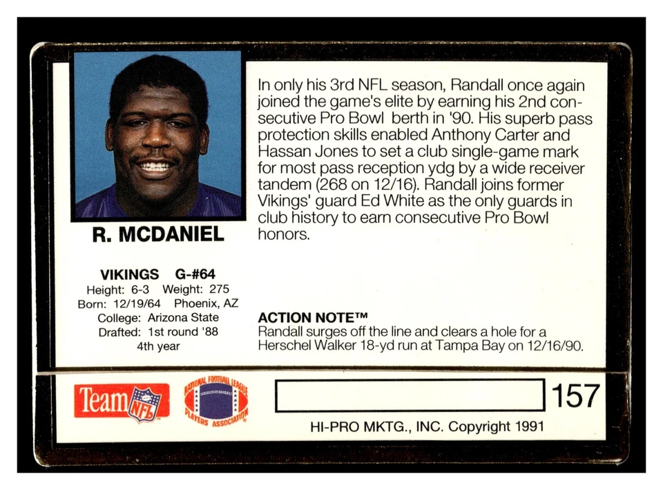 1991 Action Packed Randall McDaniel #157 Minnesota Vikings - Image 2 of 2