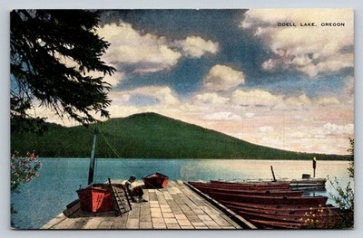 Vintage Odell Lake Oregon Postcard - Scenic Cascade Mountains & Boats