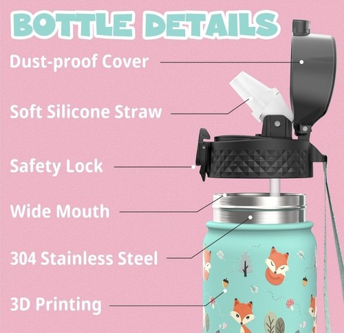 Kids Water Bottle Stainless Steel Insulated Water Bottle with Straw for School - Picture 5 of 5