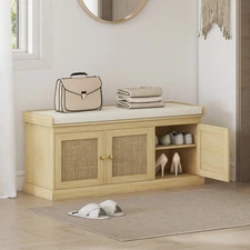 HOMCOM Shoe Bench with Rattan Doors, Cushion, Entryway Shoe Storage, Oak