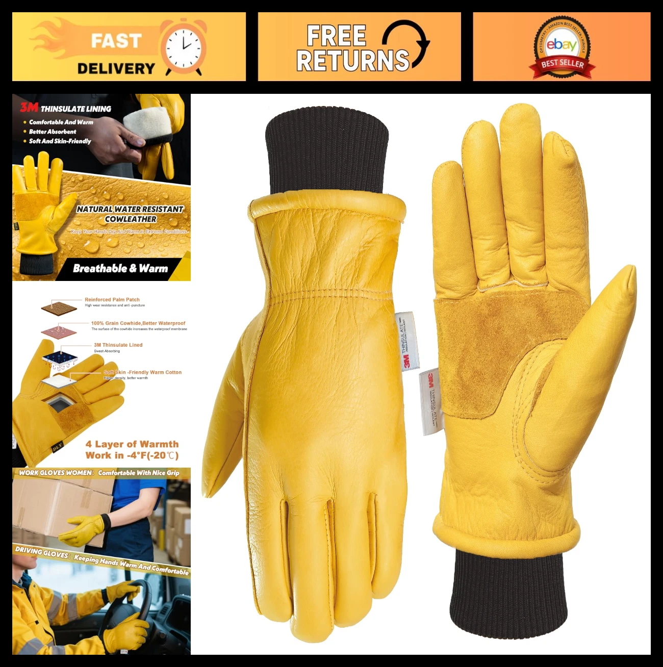 Insulated Winter Work Gloves for Men - Puncture Resistant, Cowhide Leather, Warm