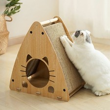 Cat Scratcher Bed Wooden Triangle Cat House with Cardboard Scratch Pad