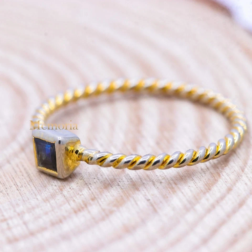 925 Argento Sterling Naturale Taglio Princess Zaffiro Blu Contorto Fedina 6 - Immagine 2 di 4