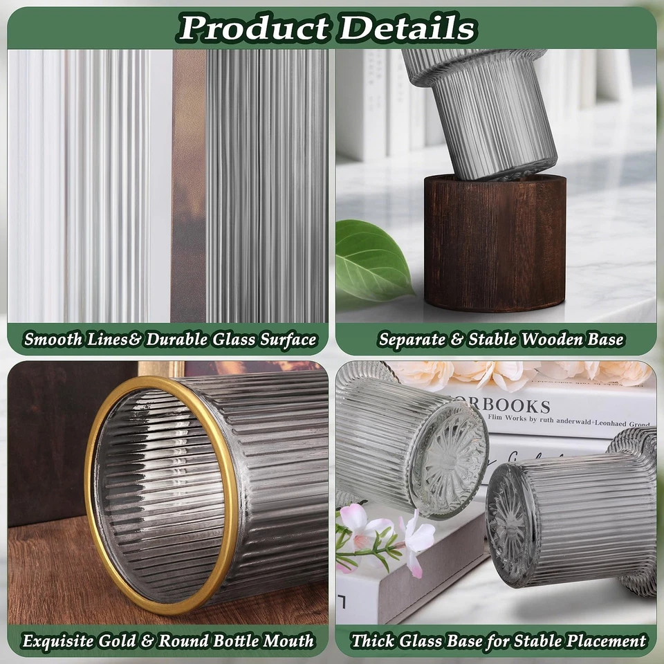 Ribbed Glass Vase Set of 2 Vases for Flowers,10" H Wood Glass Vase with Solid... - Image 4 of 4