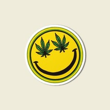 Smiley Face Sticker with Weed Leaf Eyes Vinyl Decal Funny Cannabis Art