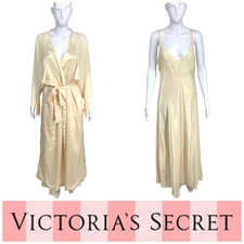 Vintage Victoria Secret Sz M/L Ivory Satin Peignoir Set Full Length Robe & Gown