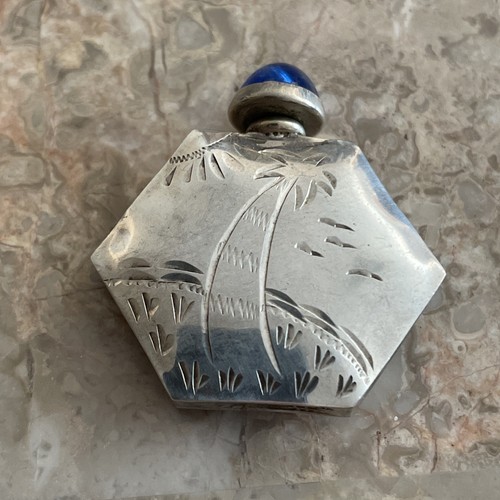 Vintage Mexico Sterling Silver Blue Stone Cap Etched Perfume Snuff Bottle