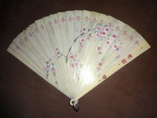 Vtg Cream Folding Fan Hand Painted Pink Blossoms