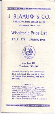 1975 J. Blaauw & Company Lincroft New Jersey Nursery Greenhouse Price List