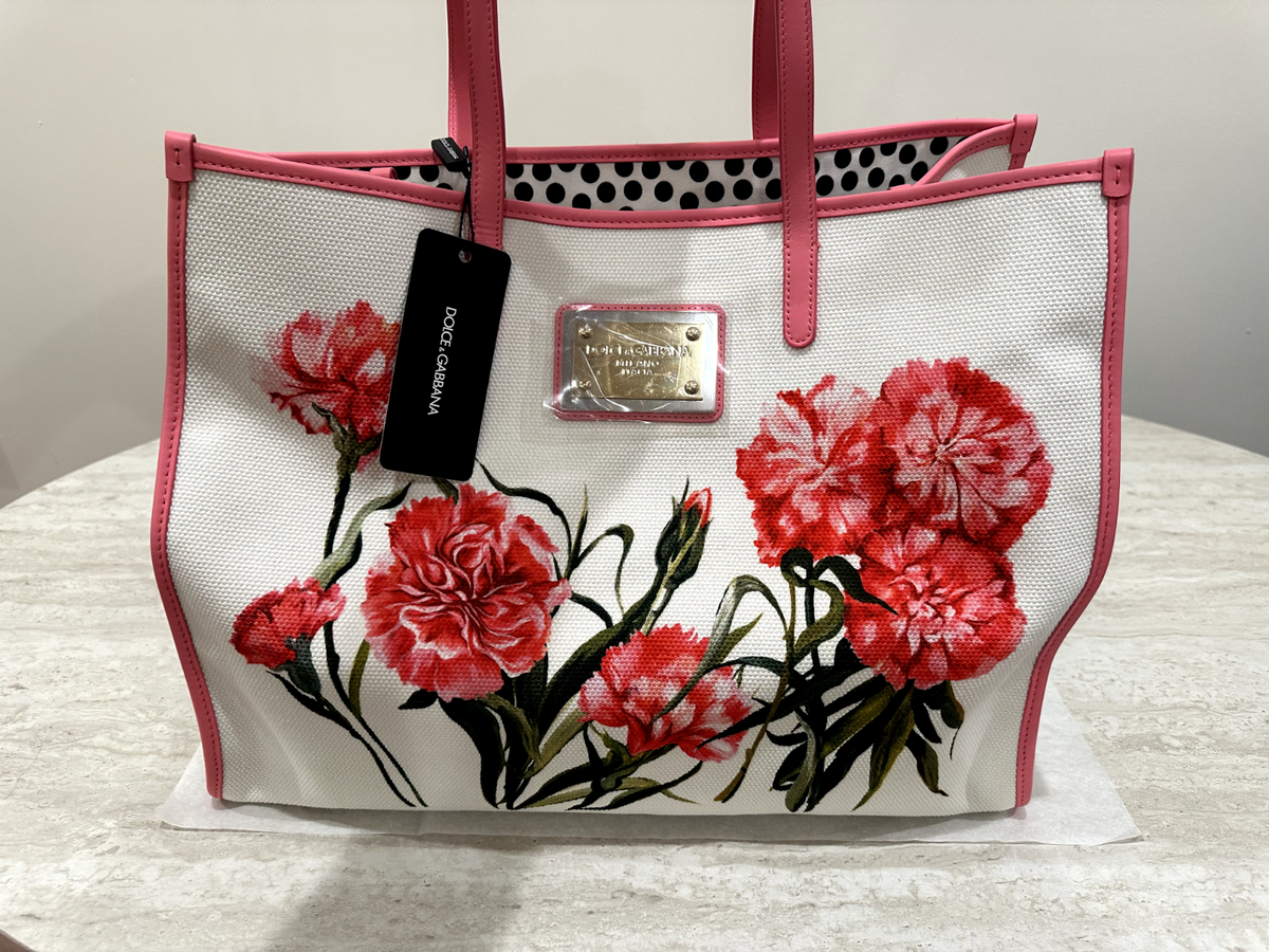 トートバッグ Dolce & Gabbana FW24 HANDBAG (BB6003 AP602 8S488) $650 NEW DOLCE GABBANA SUMMER WHITE CANVAS FLORAL TOTE PURSE