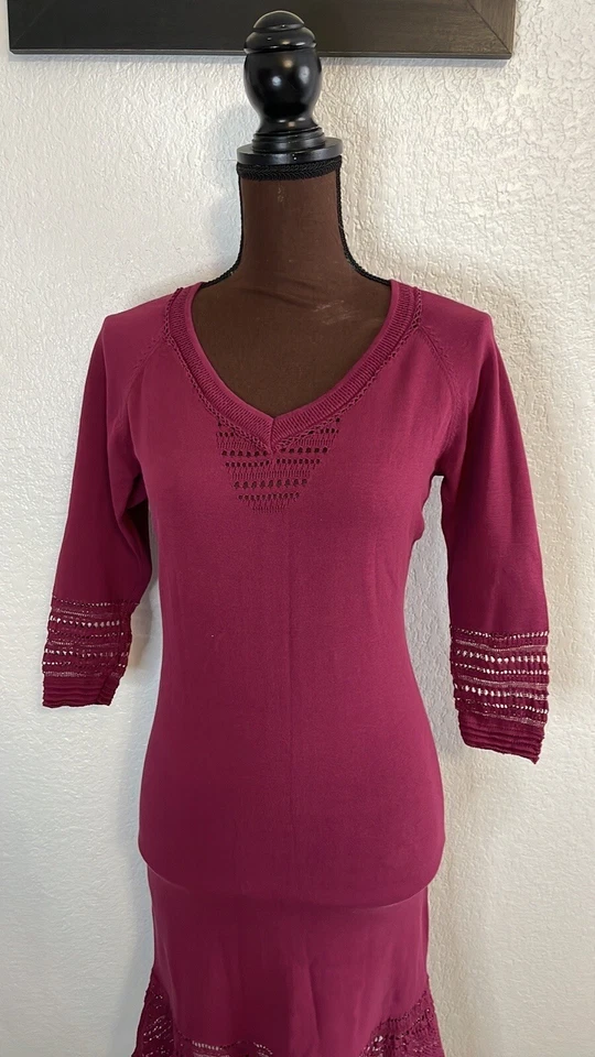 Vestido Zac Posen Borgoña Algodón Tejido Manga 3/4 Abeto Acampanado M $752 Foto 2 de 4