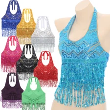 Women Bra Stage Costume Sequins Top Sexy Clubwear Halter Neck Lace-up Festival