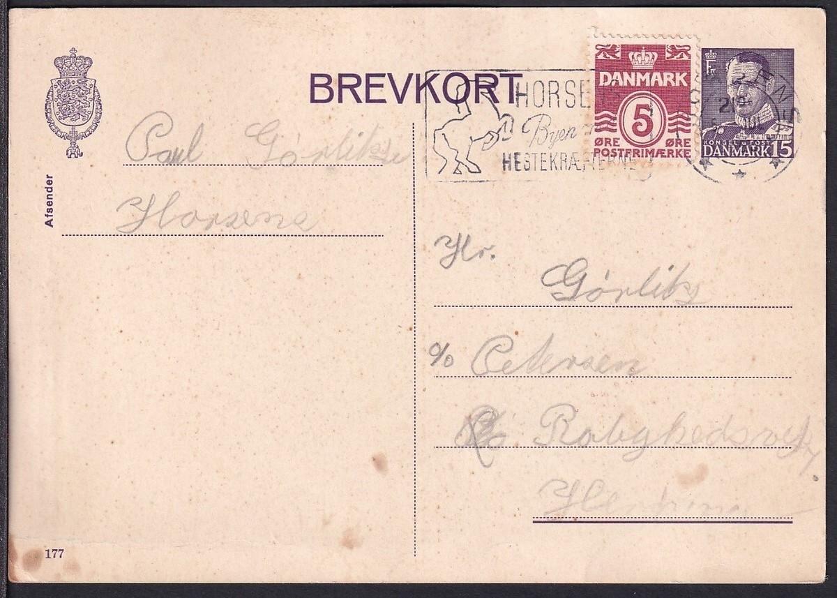 CLCV362 Denmark Old Postcard, Horsens, Jun. 05. 1953, Horse