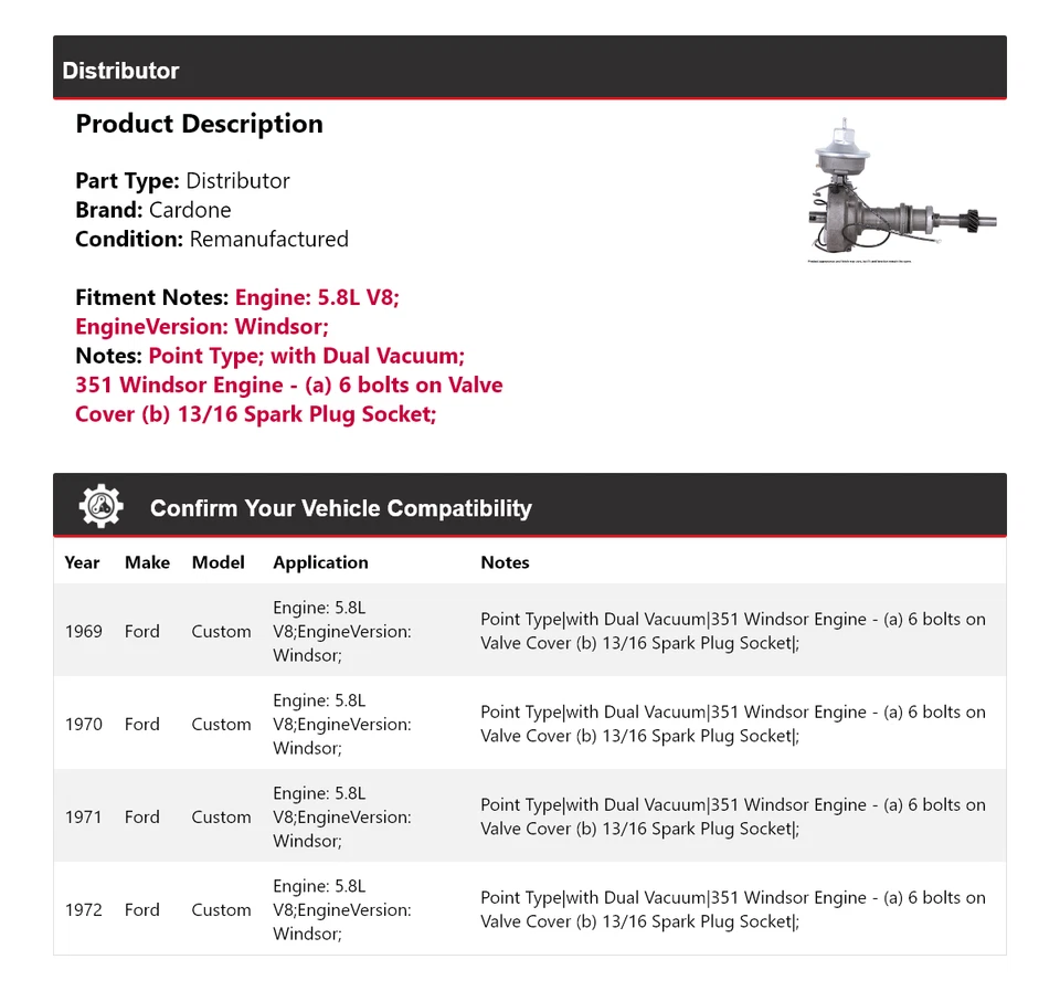 Ford Custom 1969-1972 5,8 L V8 distribuidor Cardone 1970 1971 Foto 2 de 4