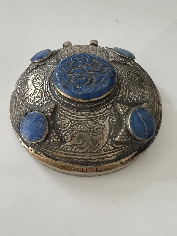 复古中东硬币金属银大号吊坠,蓝色宝石 — 第 4/4 张图片