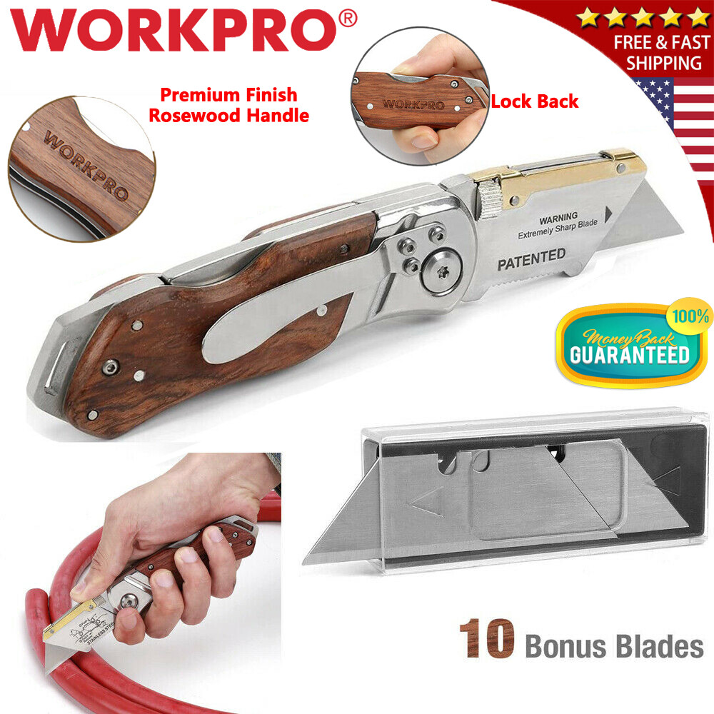 WORKPRO Folding Utility Knife Belt Clip Rosewood Handle Heavy Duty