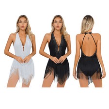 Women Shiny Rhinestone Bodysuit V Neck Tassels Tap Latin Fringed Dance Leotard
