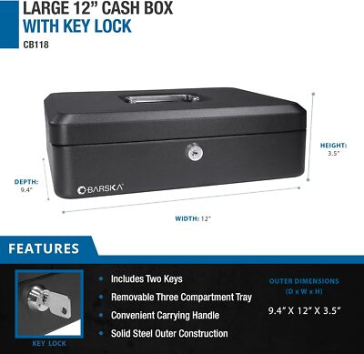 BARSKA 12 Inch Large Steel Cash Box Safe w/ Key Lock and Removable Tray, CB11834