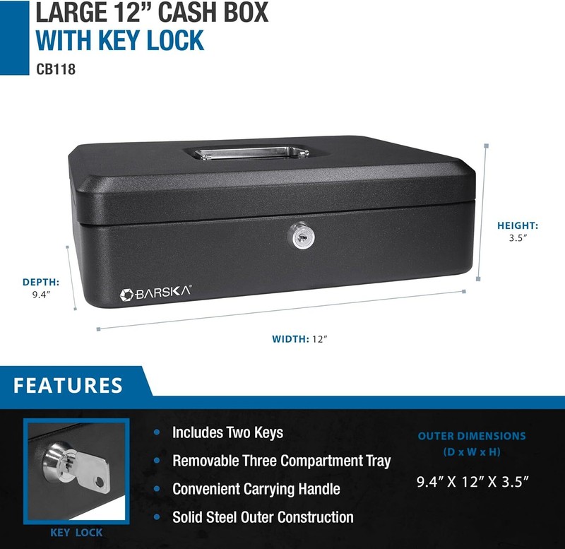 BARSKA 12 Inch Large Steel Cash Box Safe w/ Key Lock and Removable Tray, CB11834