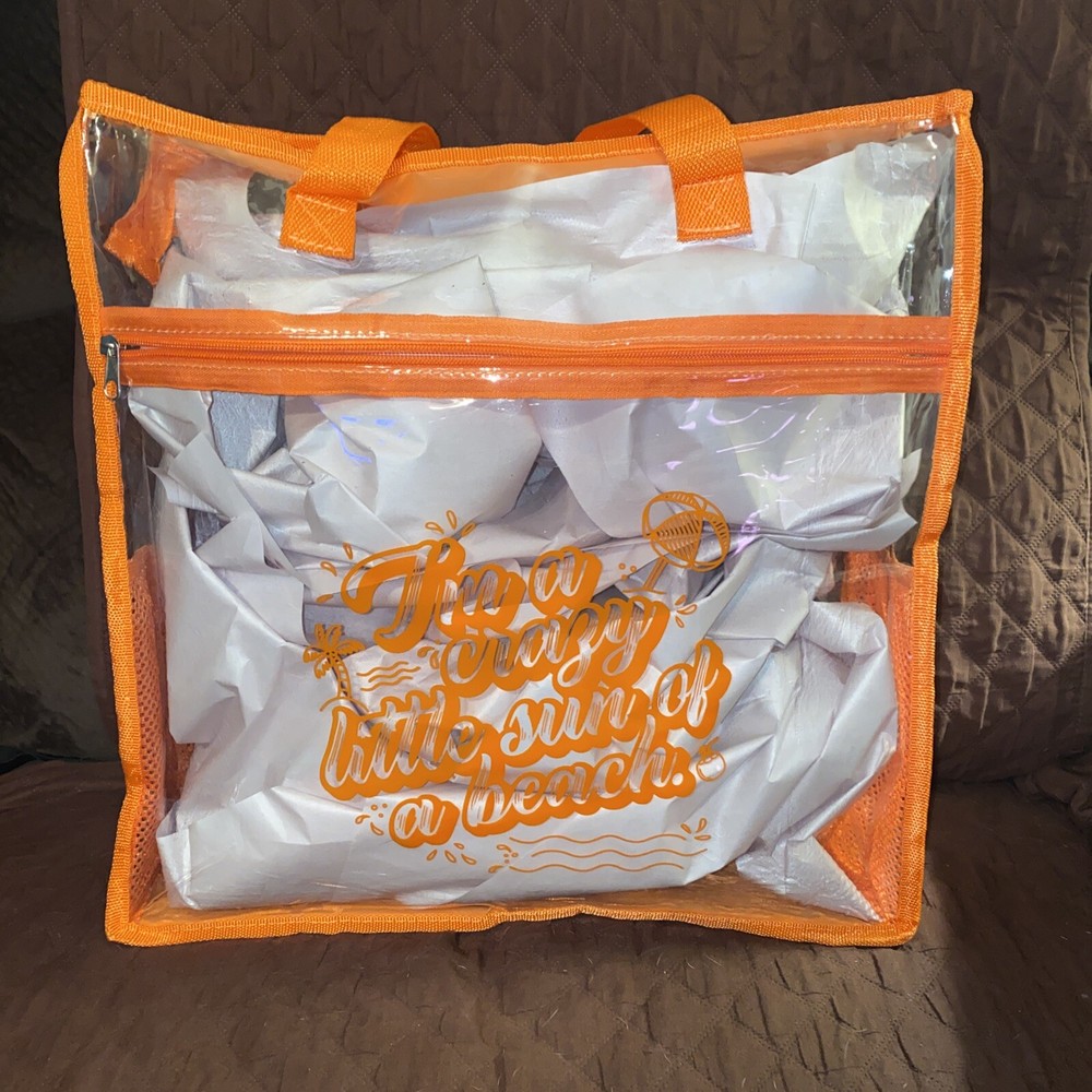 CUTE Beach/Pool Tote Orange & Clear Carry All with Side Pockets 16X15X5 NEW