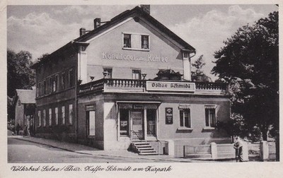 Postcard Volksbad Sulza - pastry shop & coffee Oskar Schmidt, Kurpark, Thuringia, 1958