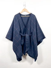 Joules Sabrina Poncho Tweed Cape Womens O/S Navy Blue Check Wrap Cover Up Wool