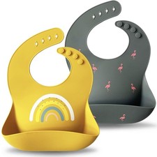 Waterproof Adjustable Silicone Bibs for Infants and Toddlers Set of 2 Dark