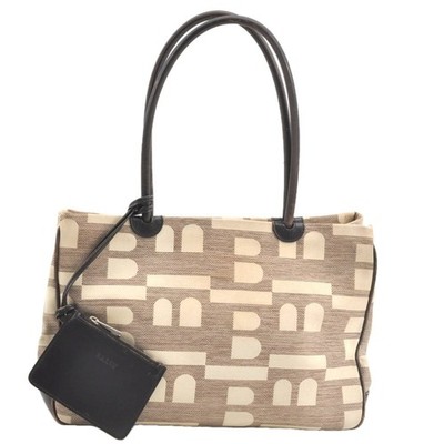 Auth BALLY Busy B Vintage Canvas Leather Shoulder Tote Bag Beige Brown AB574
