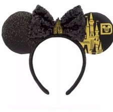 Disney Parks WDW Black Sequin Gold Cinderella Castle Ears Headband New