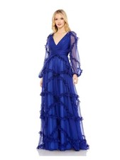 NWT Mac Duggal Sapphire Blue Cascade Ruffle Puff Sleeve A Line 68223 size 8 