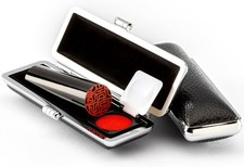 Japan Black Buffalo Hanko Stamp Set Case  Ink Pad Kanji/Alphabet