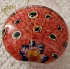 Vtg Round Art Glass Millifiori Red Peacock Feather Standing Paperweight Colorful — photo 1