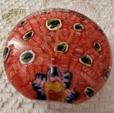 Vtg Round Art Glass Millifiori Red Peacock Feather Standing Paperweight Colorful