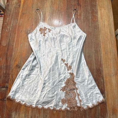 Victoria's Secret Ice Blue Satin Slip Dress Lace Inset Backless Tie Chemise Sz L