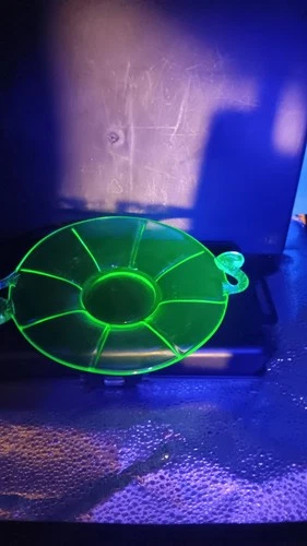 Vintage Uranium Vaseline Glass 2-Handle Serving Plate 10” Glows Under UV