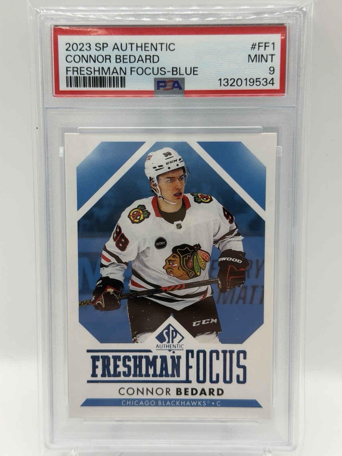 2023-24 Upper Deck SP Authentic #FF1 Connor Bedard Freshman Focus Blue PSA 9 RC