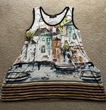 Karen Kane Womens Tank Top L Made in USA Painterly Houses Coastal Travel Print