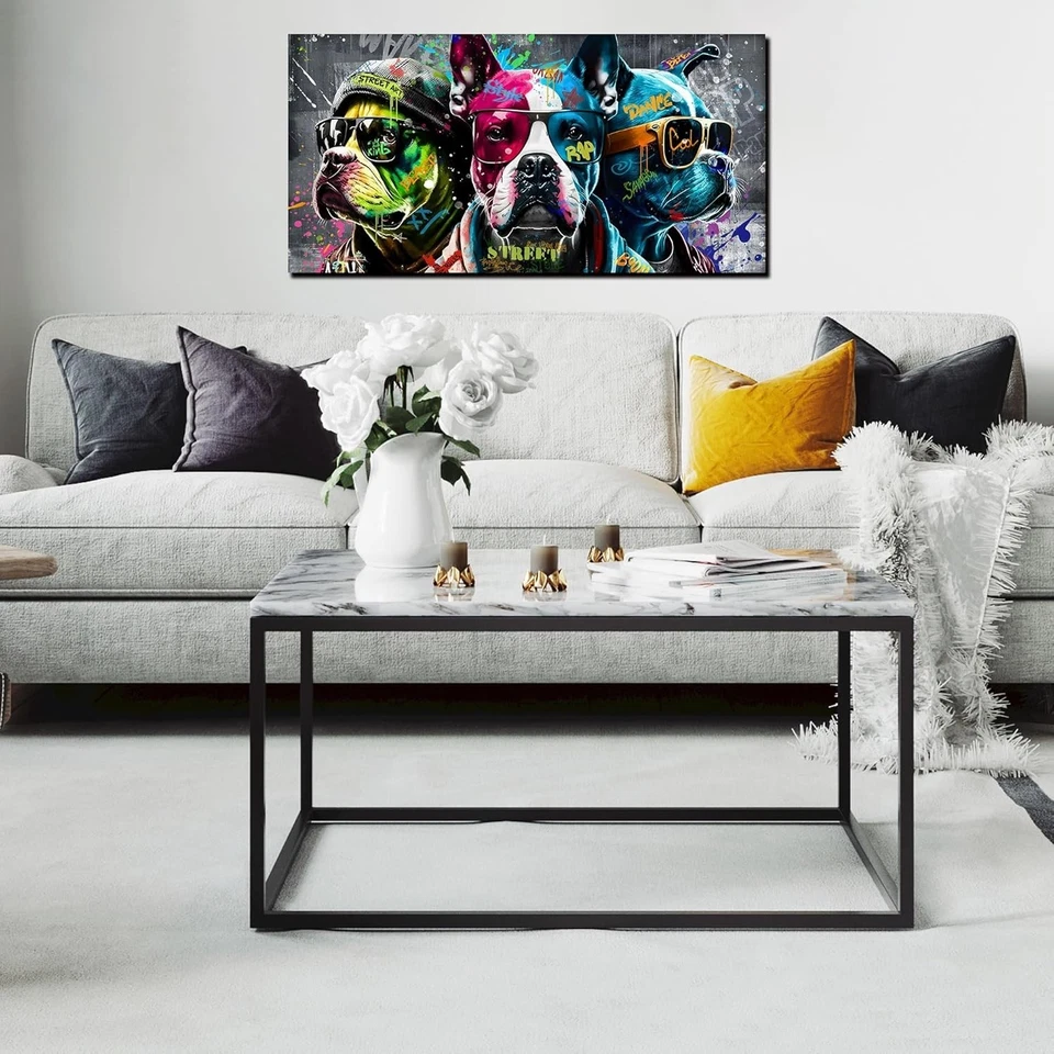 Arte de pared de lienzo grande para dormitorio sala de estar divertido graffiti foto de perro genial Foto 3 de 4