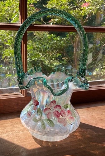 Fenton Glass 90th Anniversary Basket Signed Hand Painted Iridized Optic Teal “95