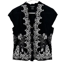 Citron Blouse Womens Small Embroidered Button Up Cap Sleeve Floral Top