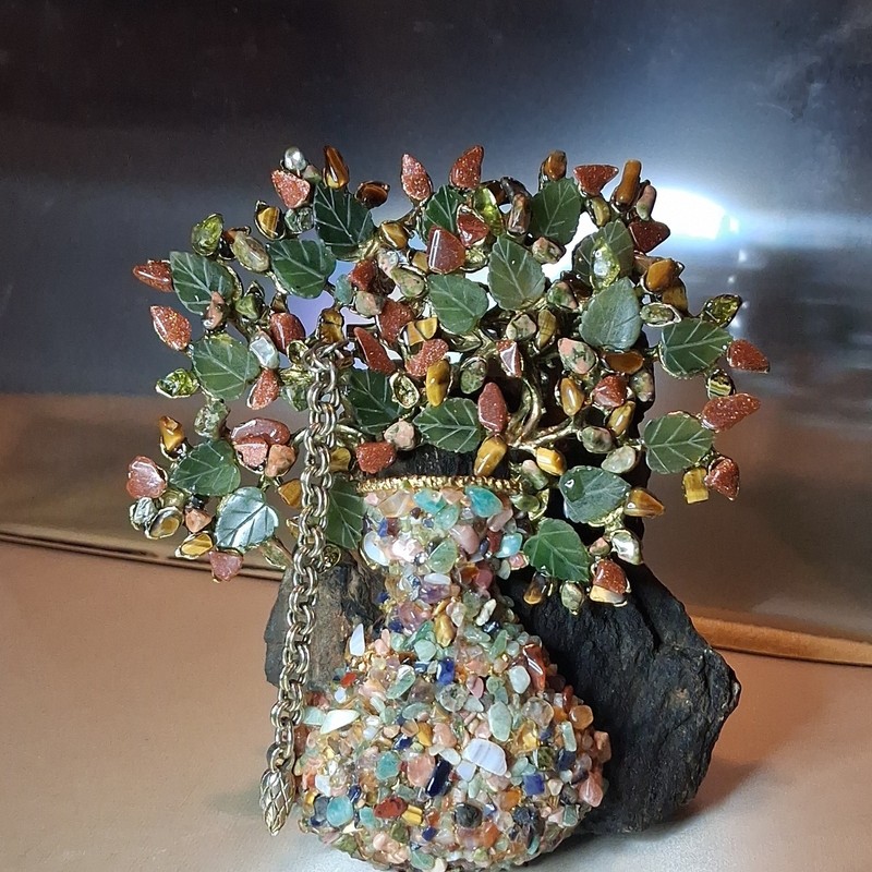 Gemstone Tree Figurine Multicolor Stone Chips & Metal Leaves 3D Metallic 3 in