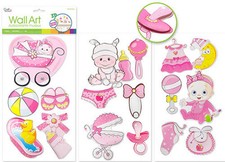 BABY GIRL pink wall stickers 17pc 3D w/glitter nursery rattle booties bottle bib