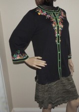 Bob Mackie Wearable Art M Black Embroidery button Tunic 3/4 Sleeve cotton acryl
