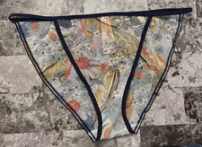 VICTORIA'S SECRET XL BLUE ORANGE RETRO FLORAL MESH RARE STRING BIKINI PANTIES