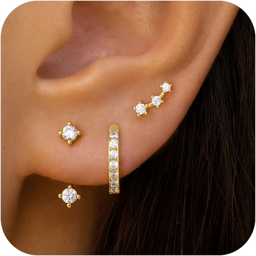 Gold Stud Earrings Set for Women, 3 Pairs Huggie Hoop Jacket Studs Earring Stack - Picture 9 of 12